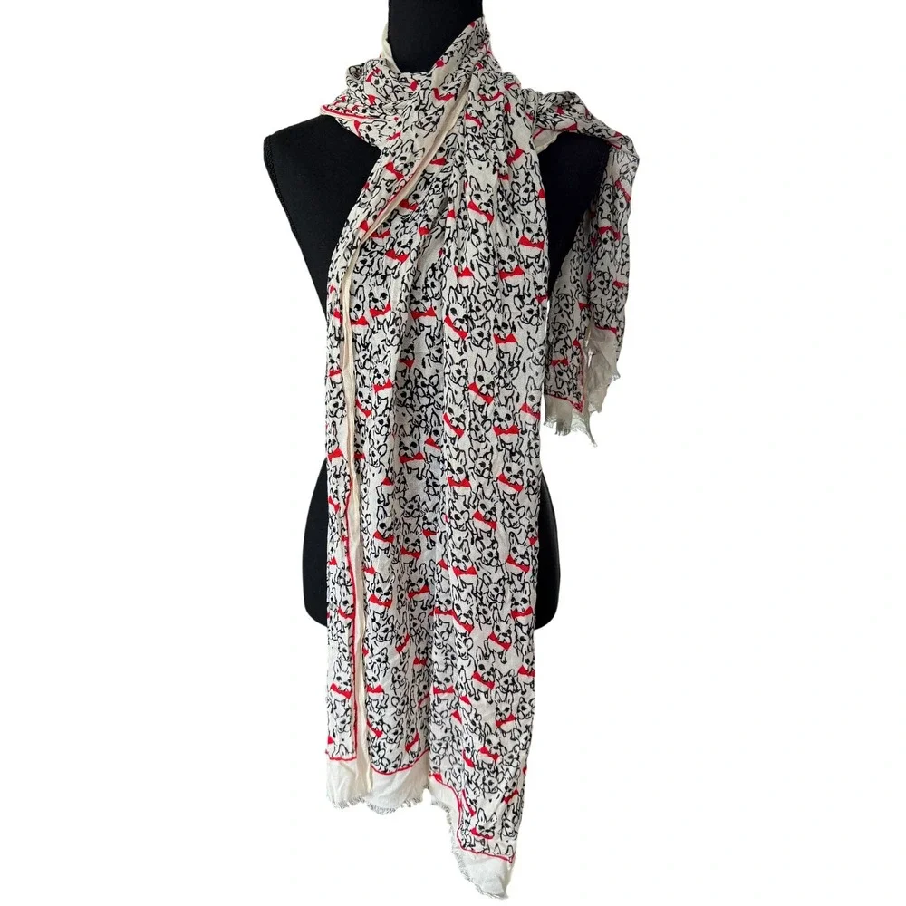 French Bulldog Print Scarf Ivory Black Red Bowtie Dog Lover Lightweight Wrap